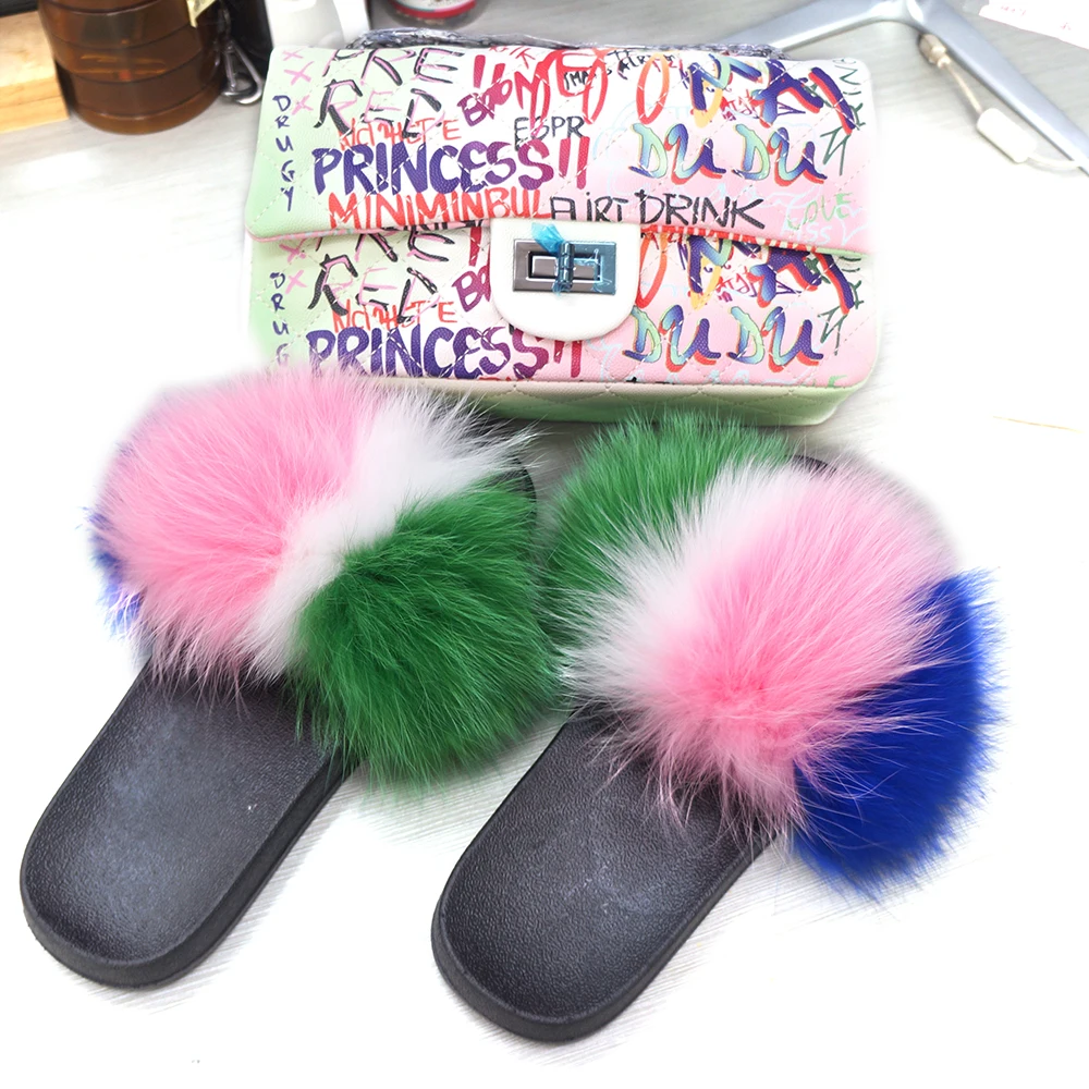 

Fox Fur Slippers purse slides set custom designer Sandals/shoes matched woman handbag/raccoon fur slides and matching purse, Solid color& rainbow color