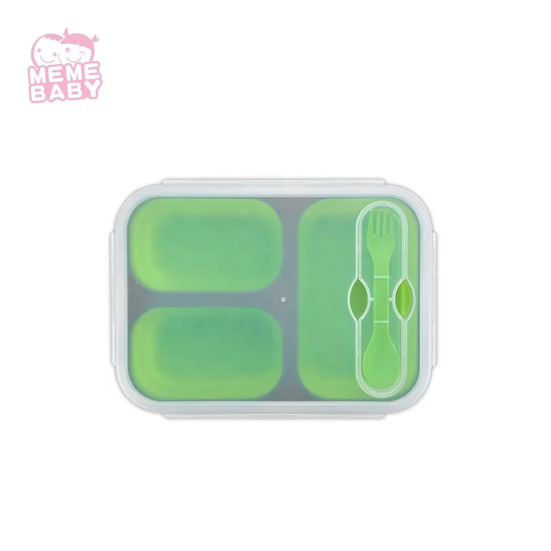 

3 Compartment Foldable Folding Collapsible Silicone Lunch Box, Green