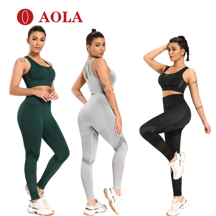 

AOLA Custom Logo Girl High Waisted Leggings Ladies Bra Two Piece For Sexy Crop Top Short Jogger Set, Picture shows