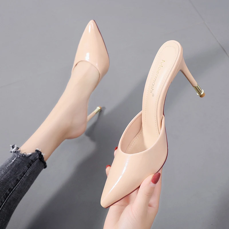 

DEleventh Shoes Woman Beige Pink Stiletto High Heels Slipper 2020 New Fashion PU Leather Pointy Toe Office Formal Sandals Summer