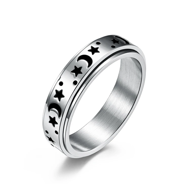 

New Arrival Silver Color SS Spinner Band Ring Rotatable Stainless Steal Engraved Star Moon Rings, Picture shows