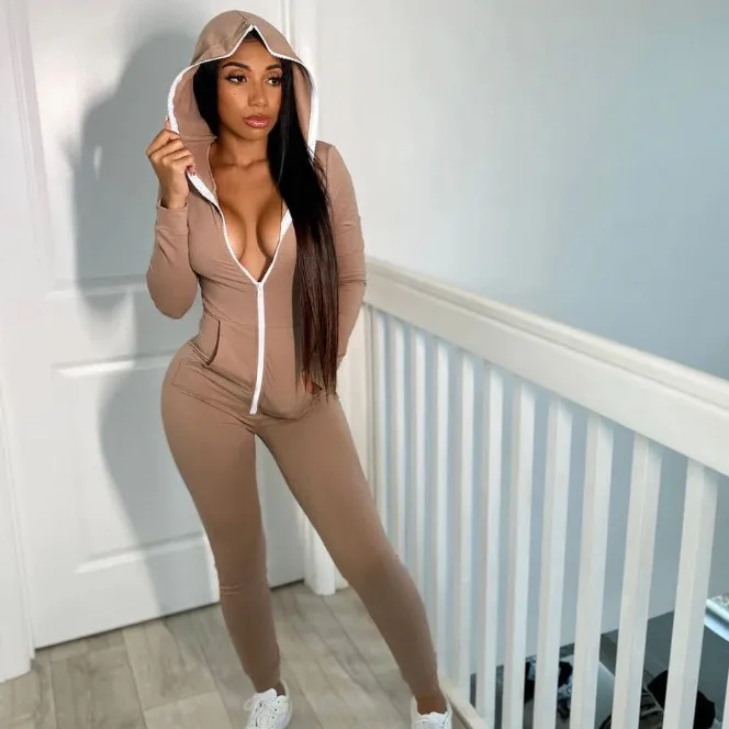 

X01743C Solid Zipper Hoodie Jumpsuits Women 2020 Autumn New Slim Casual Skinny Streetwear Active Fitness Sporty Work Out Rompers, Black