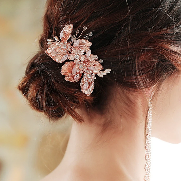 

Hot-selling luxurious, beautiful and fashionable girls hair comb rose gold flower rhinestone crystal ladies Hair accessories