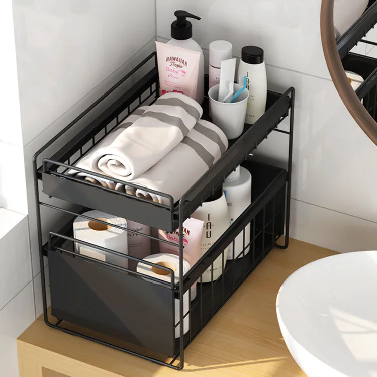 

2-tier bathroom kitchen metal sliding pull out under sink organizer cabinet storage shelf rack