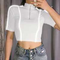 

women cotton T-shirts striped reflective short sleeve white female crop tops stretched streetwear summer new
