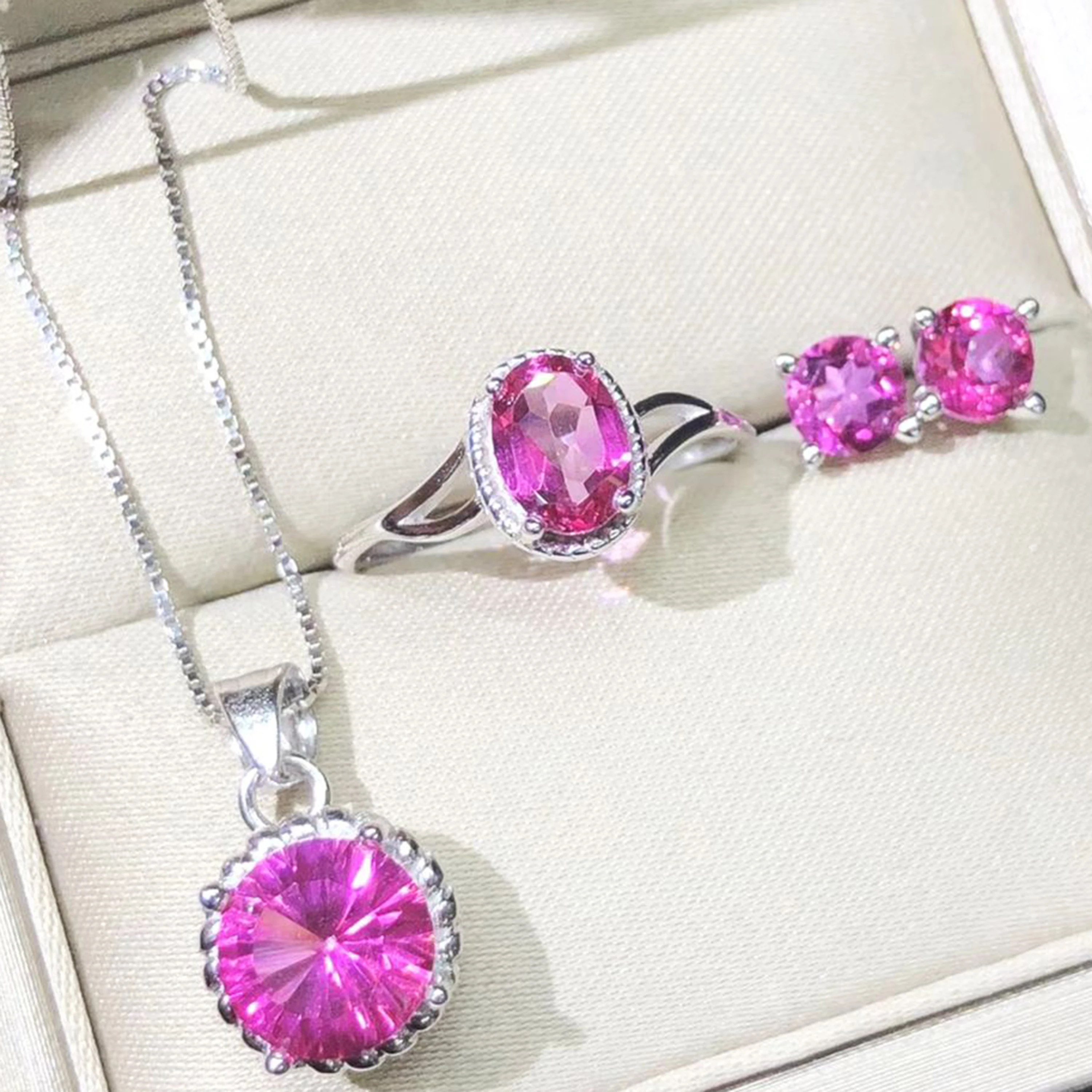 

High Quality Set Jewelry Natural Pink Topaz Ring Earrings Pendant Wedding Engagement Jewelry Sets in 925 Sterling Silver Jewelry