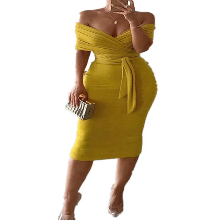 

Wholesale Evening Dresses Plus Size Casual Dresses Yellow Bodycon Dress for Women