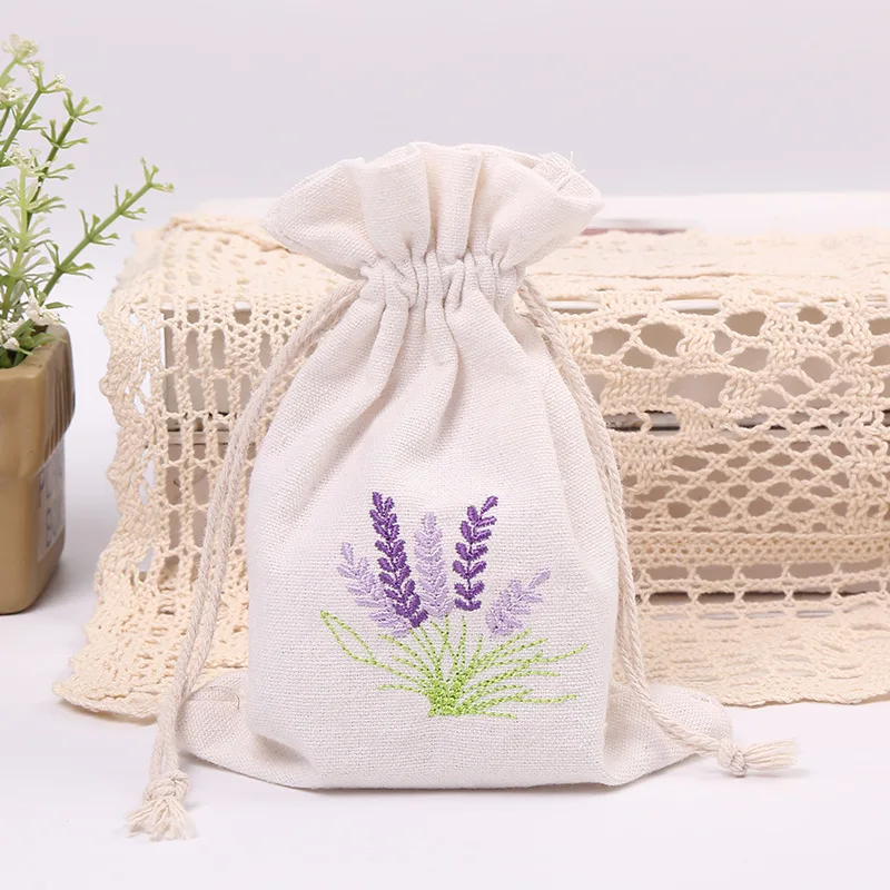 

10*14cm White Cotton Linen Gift Bags Purple Lavender Drawstring Embroidered Bag Drawstring Lavender Bag