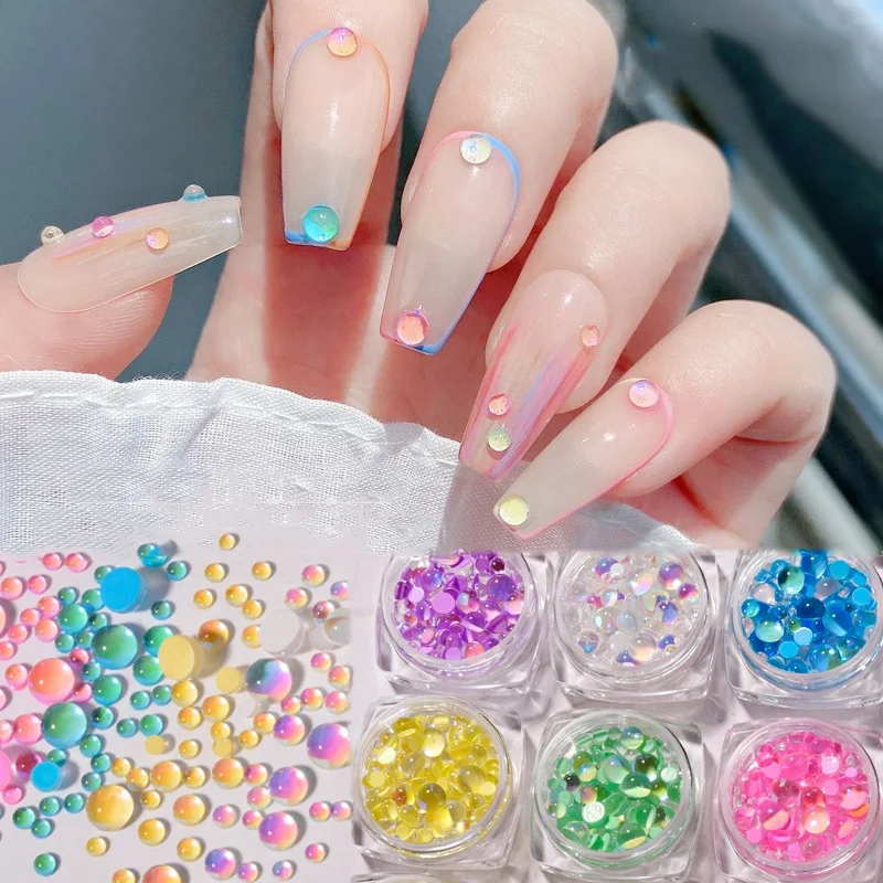 

Candy Colors Mixed Size Rhinestones DIY Flatback Mermaid Round Glass Crystal Beads AB 3D Acrylic Stones Nail Art, Picture