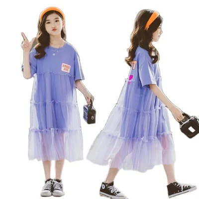 

Girls Dress 2021 Elegant Summer Net Yarn Short Sleeve Children's Clothes Prom Dress Kids Girl O-neck Dress for 9 Years
