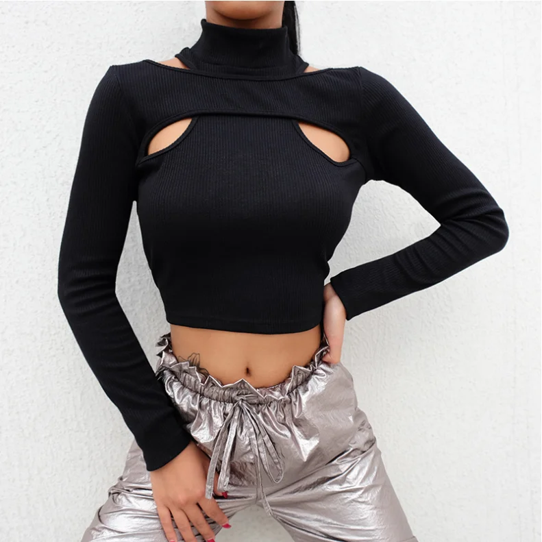 

2020 cool girl cut out women sexy long sleeve crop top solid women clothing women crop tops, White/oem