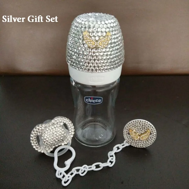 

Handmade Bling Luxurious Silver Glass Feeding Bottle Diamond Pacifier Holder Clip Set for Baby Shower Gift, Silver/ custom