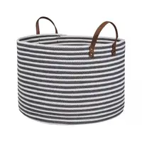 

QJMAX Collapsible XXXL Large Cotton Rope Blanket Basket Nursery Rope Basket With PU Leather Handle