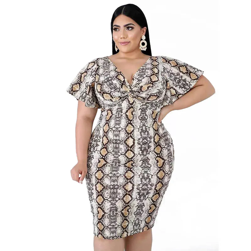 

Big Size Sexy Sexy Animal Print Knotted V Neck Bodycon Midi Evening Dress Casual Women Club Party Dresses Fat Plus Size 4XL 5XL, Gray