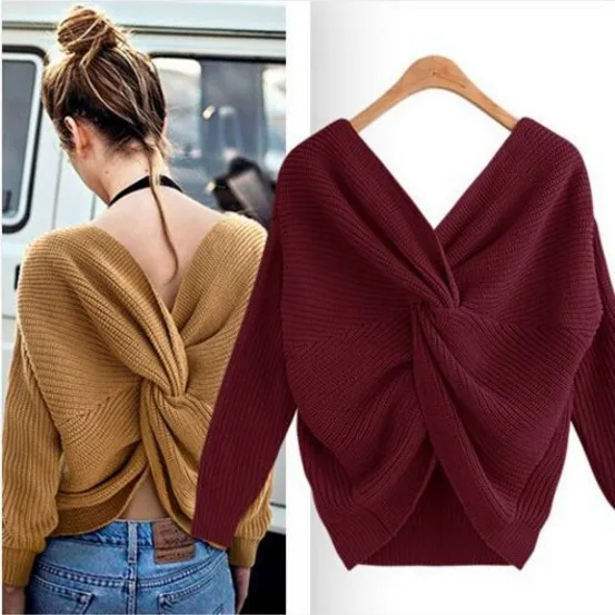 

free sample open-back irregular criss-cross knit sweater back v neck latest wholesale sweater for women