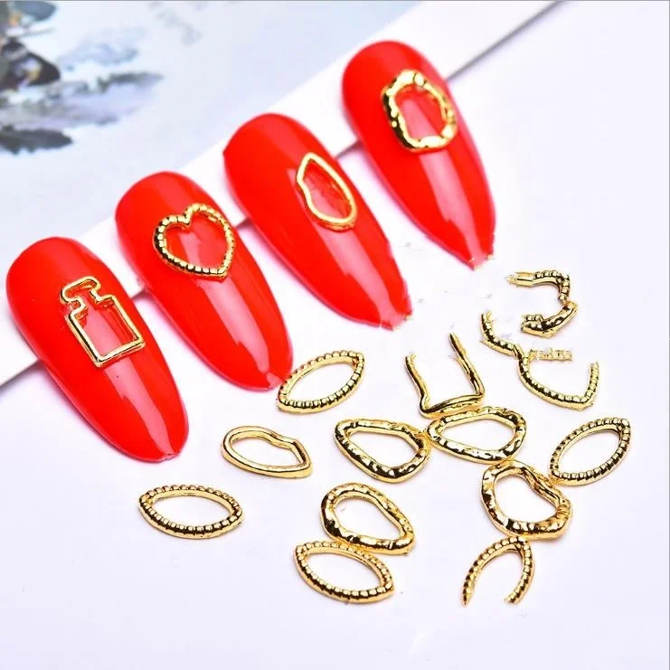 

New design gold hollow irregular heart shaped frame 3D metal alloy nail art charms, As picture show