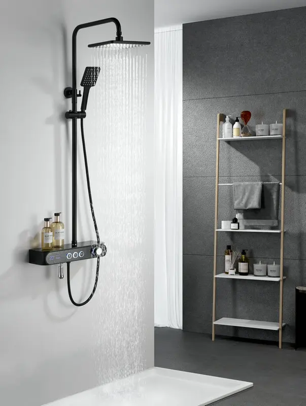 
black digital thermostatic bathroom faucet with rain head shower and hand shower for shower mixer set 