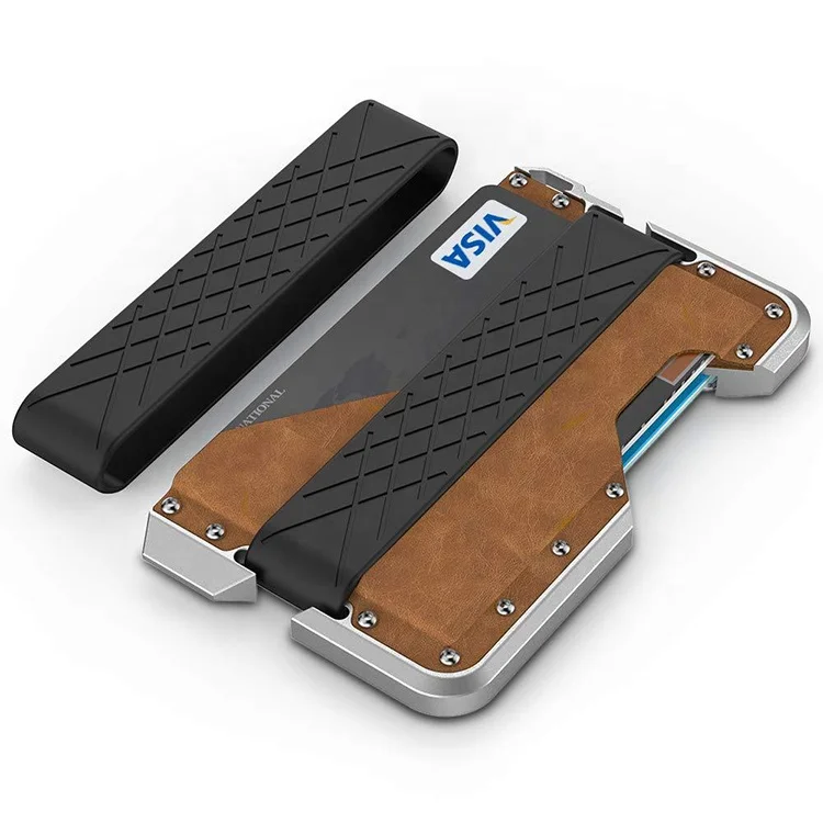 

Amazon Hot Selling Slim Minimalist RFID Aluminum Metal Credit Card Holder Genuine leather Men Wallet With Bottle Opener, Black, brown, coffee leather