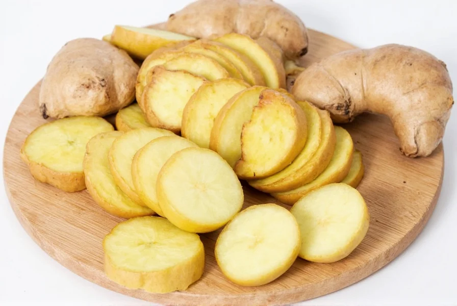 Various preparations of raw ginger including grated, sliced, and whole root