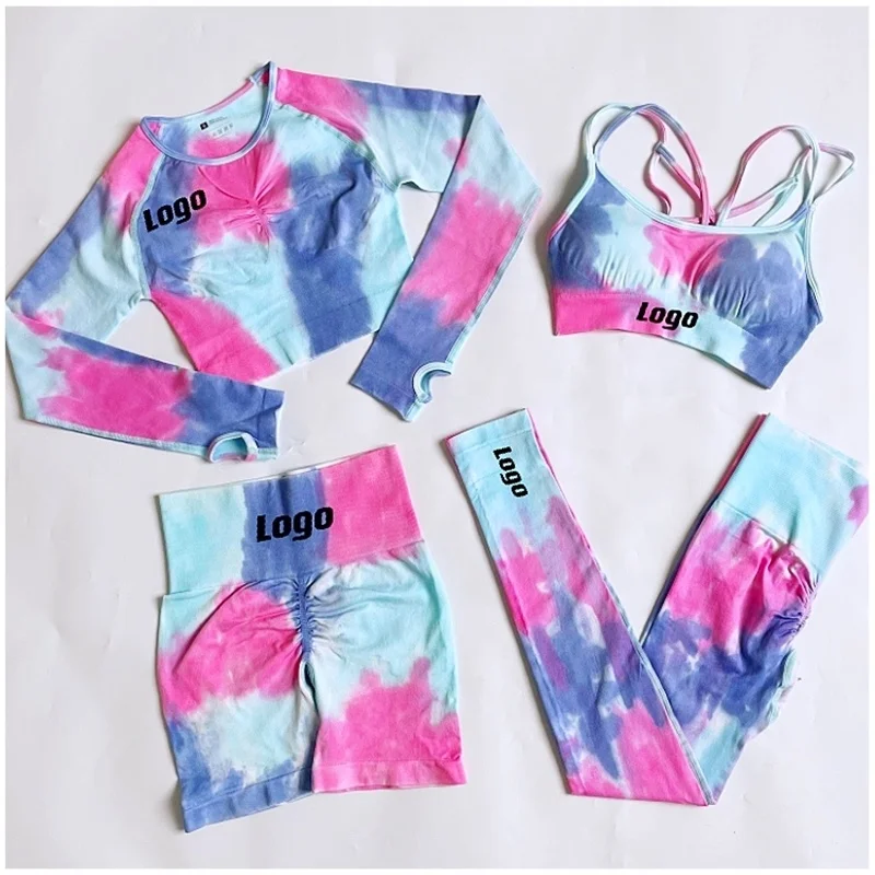 

Seamless Activewear Tie Dye Workout Set Sports Gym Clothing Fitness Legging Bra Crop Long Sleeve Gym Yoga Sets, As shown