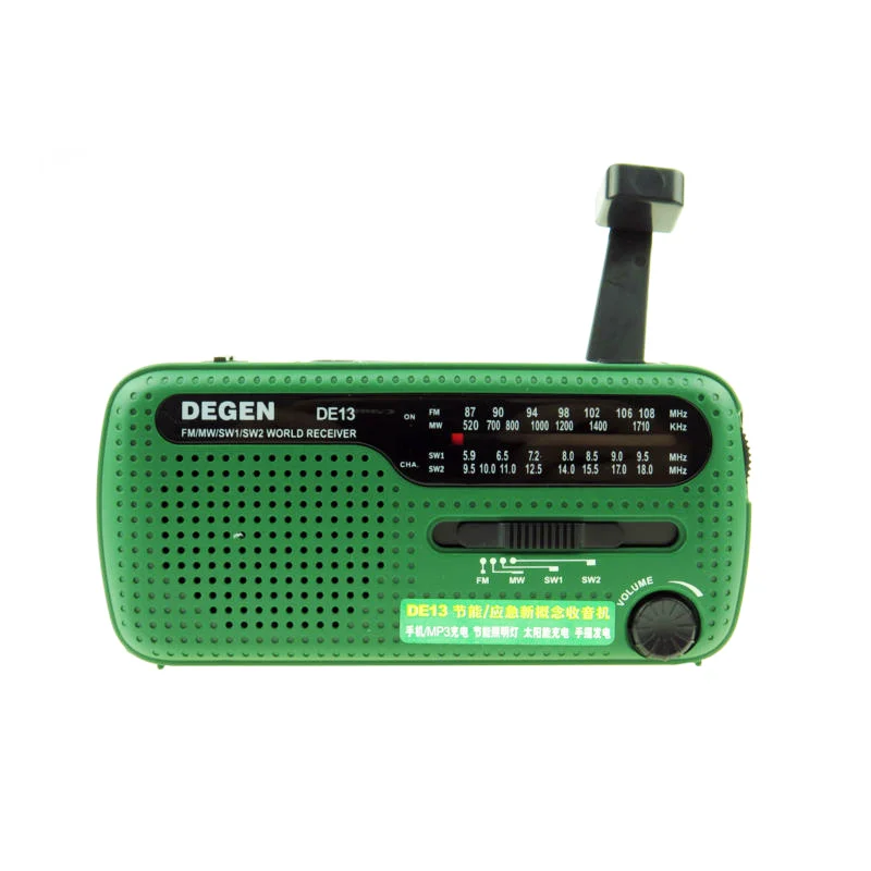 

Hot sale DEGEN DE13 Internet Radio Emergency solar hand crank led flashlight am fm sw weather portable radio, Green