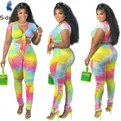 

Fashionable Crop Top And Apnts Tie Dye Bow Casual 2 Piece Plus Size Women Summer Two Piece Sets