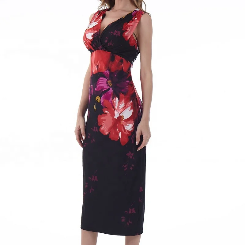 

Beach wear summer floral woman holiday sleeveless beautiful sexy v-neck knitting dress for lady