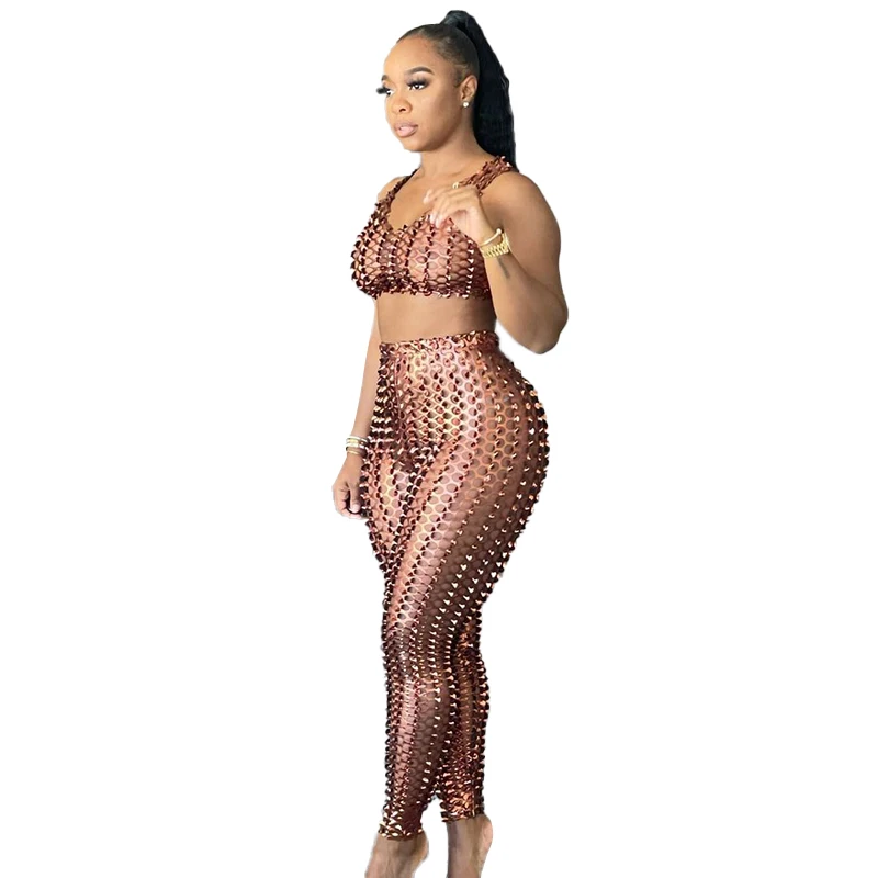 

Sexy Trendy women fashion 2021 stylish designer metallic bling net mesh tank top pants 2 piece set women, Evening party fushion red
