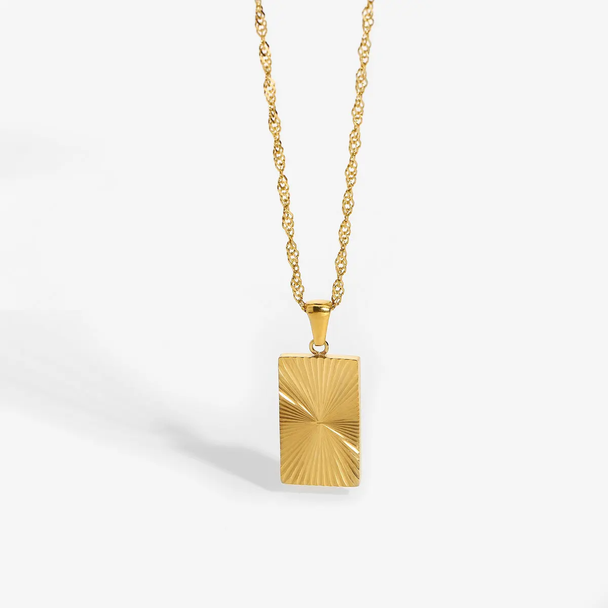 

Jewelry Tarnish Free PVD Gold Plated Sunburst Rectangle Pendant Necklace Trendy Necklace Wholesale, Gold color