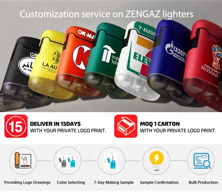 
ZENGAZ ISO9994 Piezo Ignition Windproof Gas Refill China Custom Logo Printed Jet Flame Cigarette Lighter 