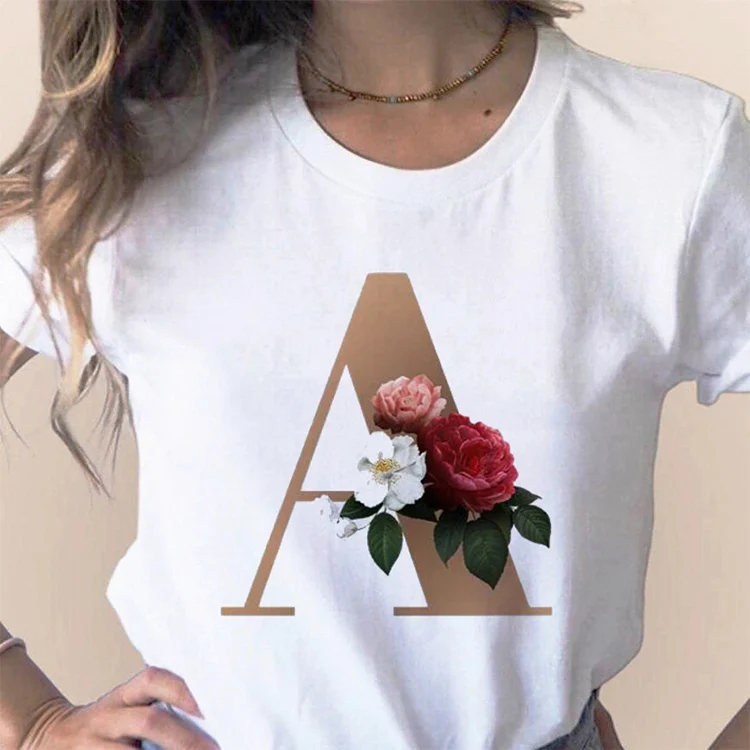 

High Quality Printing Custom Name Flower Letter Women Clothing Design T Shirts Casual T-Shirt, Customized color