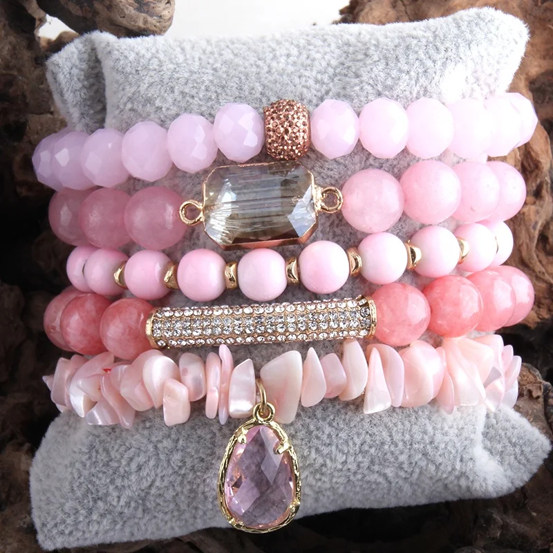 

Jewelry Shell Strand Bracelet Sets Pink Quartz Natural Stone & Glass Crystal Pave Bracelets Stack Druzy Bead Bracelet Set, Customized color