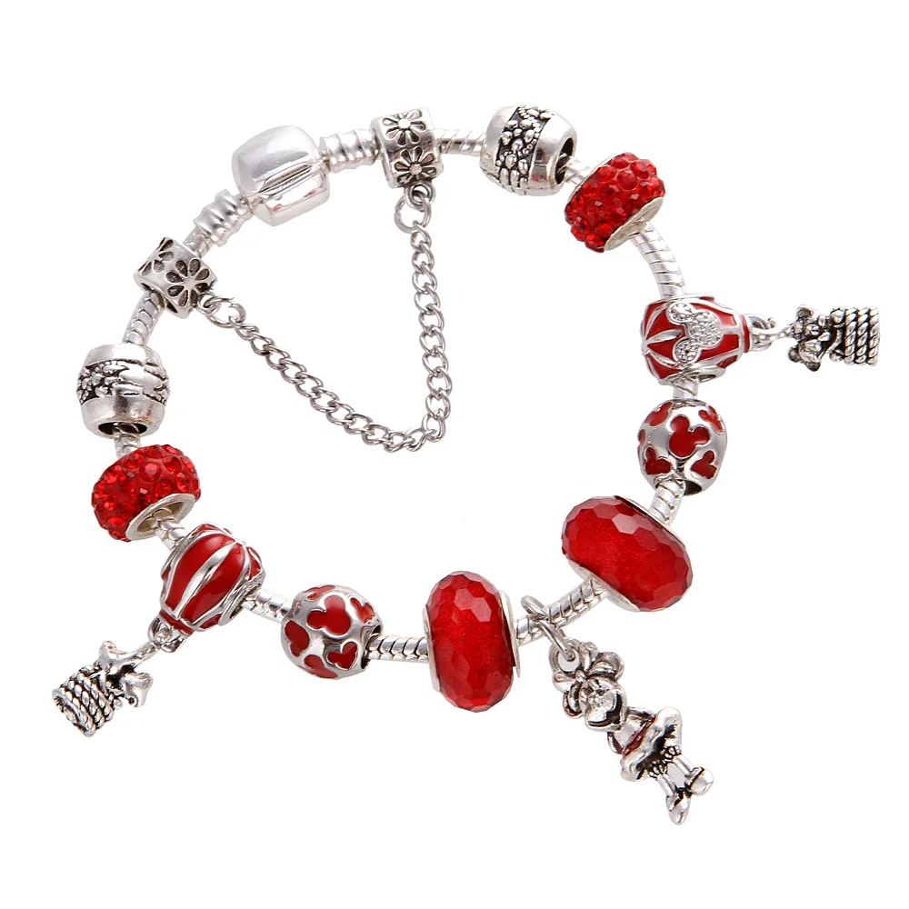 

DIY European Fashion Jewelry Silver Plated Cartoon Mouse Charm Bracelet Red Hot Air Balloon Charm Bracelet For Girls Women Gift, As picture
