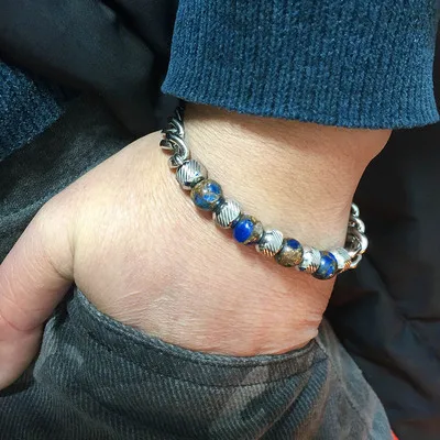 

European Trendy Stainless Steel 8mm Link Chain Bracelet Colorful Natural Stone Beads Bracelet For Men Women