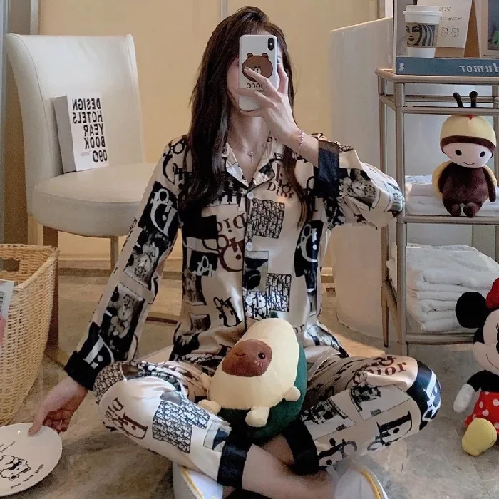 

Girls Long Sleeve Cardigan lapel Suit Woman sleepwear Elegant Women Pajama