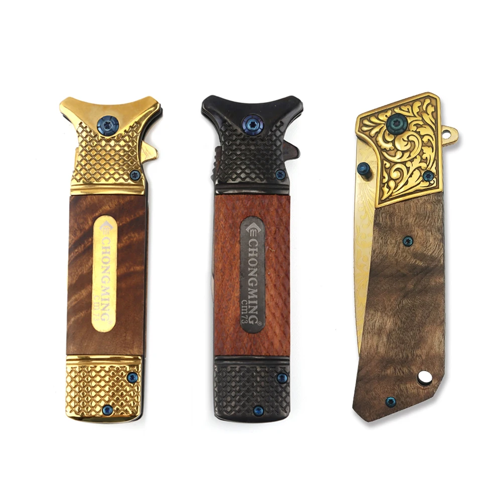 
New arrivals 2020 gold luxury business gift sets stainless steel wood tactical survival camping folding hunting pocket knife 