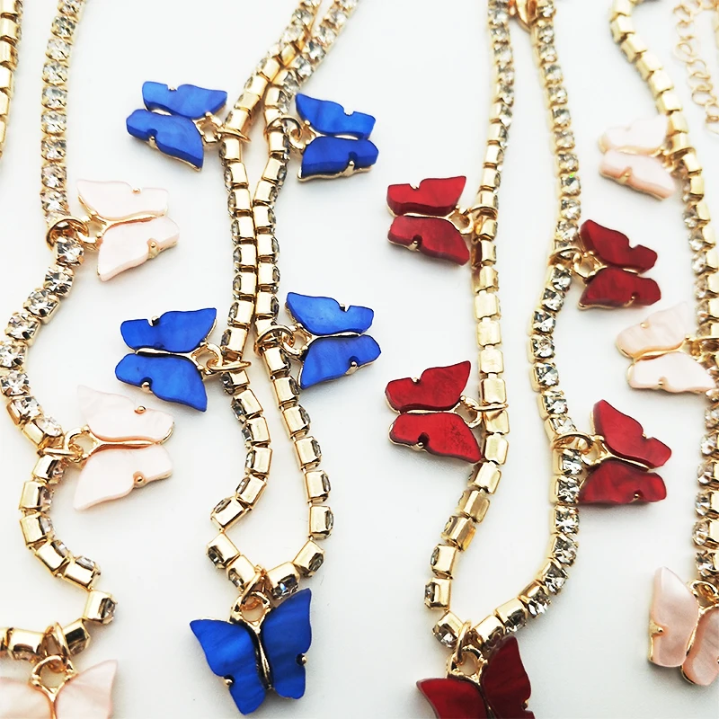 

Butterfly Shiny Crystal Anklet Man-made Diamond Anklet Europe And America Fashion Female Ornament Plated Anklet, Red/bule/yellow/pink