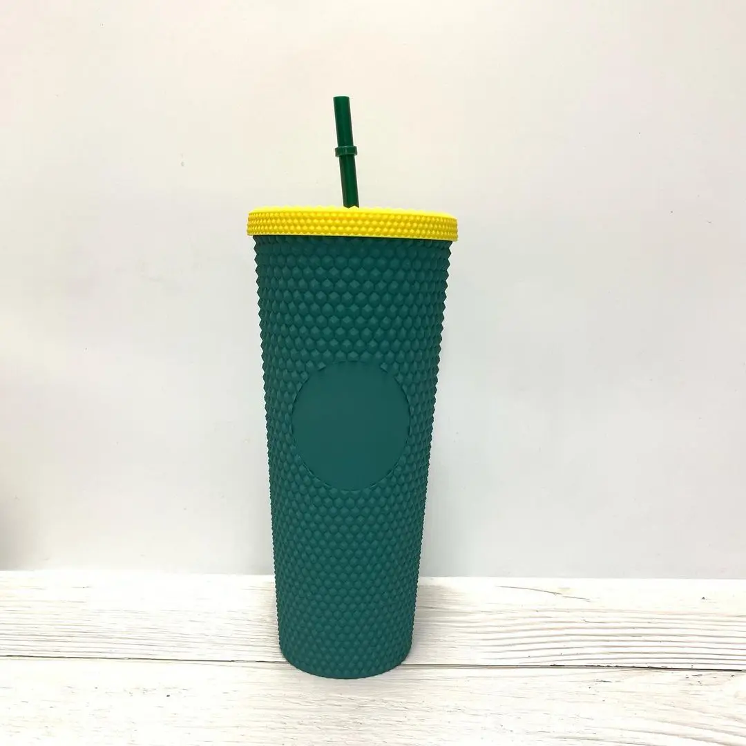 

Grand double wall 24oz water cup straw with lid diamond glitter durian plastic matte black wholesale studded cup tumbler, Support customization