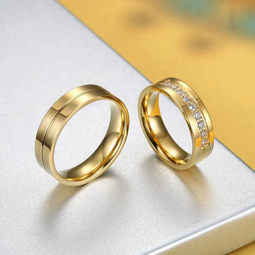 

Fashion Gold Color Wedding Bands Ring for Women Men Jewelry Stainless Steel Engagement Ring couple wedding ring set, Picture shows