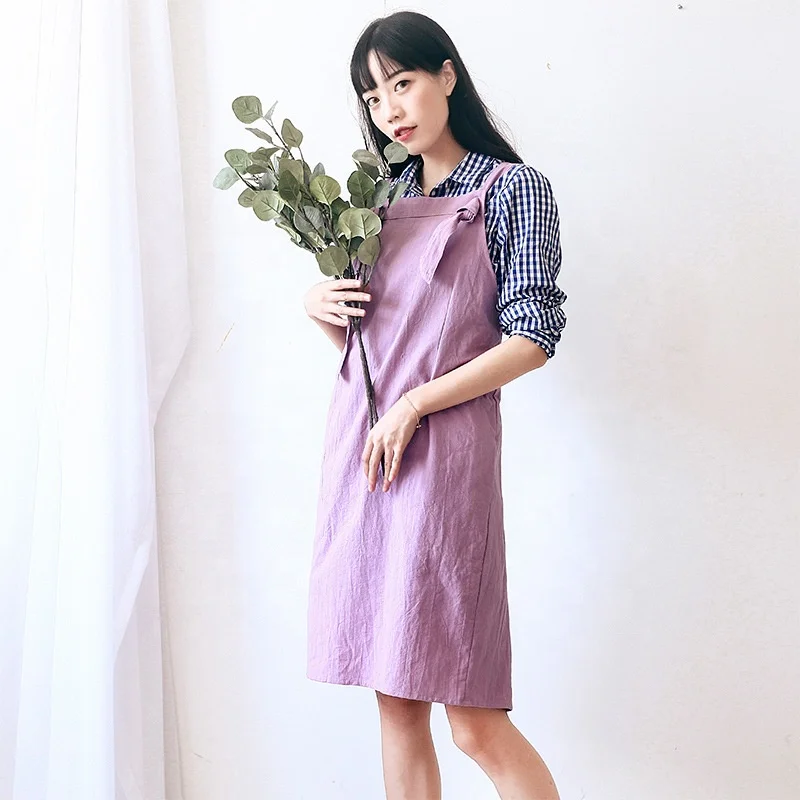 

NEW Hot Sale Japanese Pink Cotton Linen Bib Vintage Kitchen Cafe Shop Apron for Women, Customized