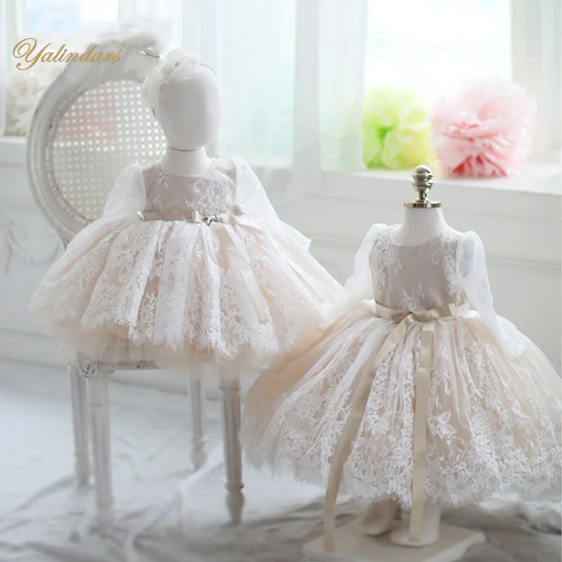 

Yalindars Champagne kid clothes girl lace dress baby frock 6 12 month ballgown dress for baptism, Flowers and other colors can be supported