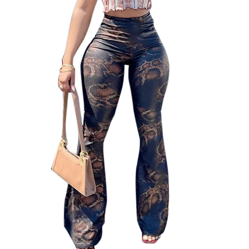 

Serpentine Print Elegant Pants High Waist Trousers Ladies Casual Office Flare Pants Women Club Streetwear B1908