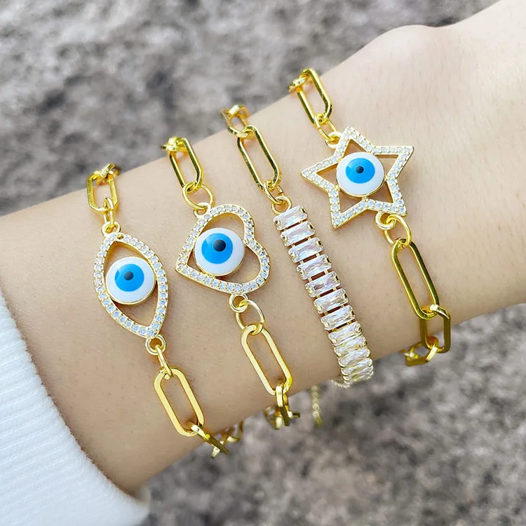 

BC1387 New Design Gold CZ Paved Enamel Turkish Evil Eyes Wish Protection Bracelet with Paperclip Chain, Gold color
