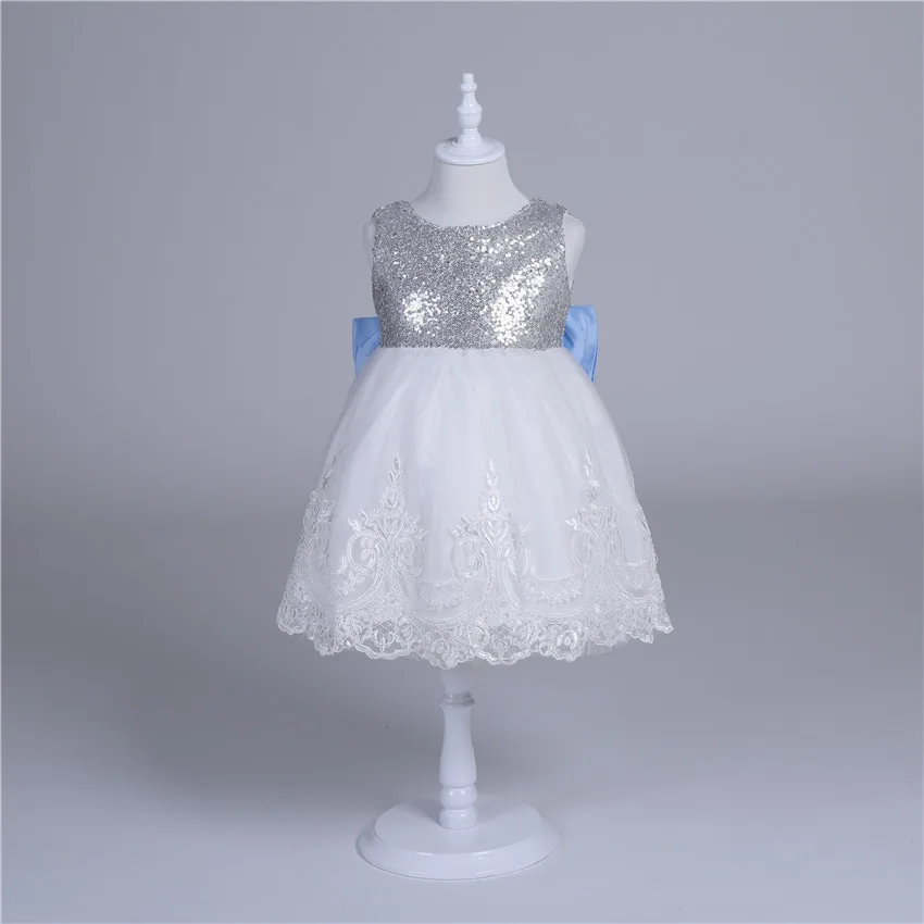 

New Fashion Sequin Lace Flower Girl Party Wear Gowns Fancy New Baby Girls Party Tutu Baptism Dress With Blue Bowknot