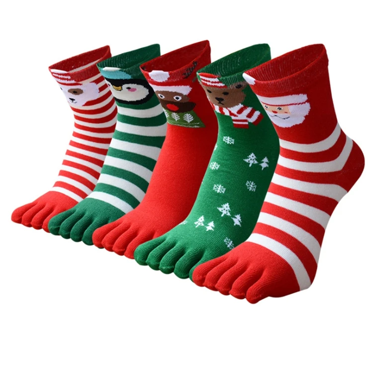 

Children five finger socks red and green Santa Claus spring and winter toe socks cartoon Christmas kids striped socks