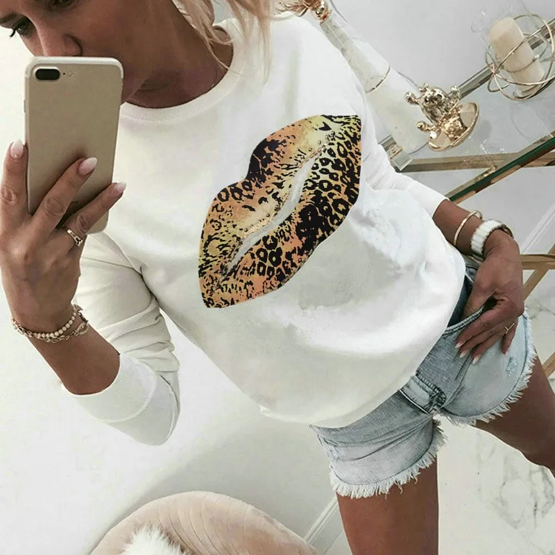 

Long Sleeve Women Blouse And Tops Shirt Autumn Lips Letter Printed White Ladies Blouse For Female Tops Shirt O Neck Beading