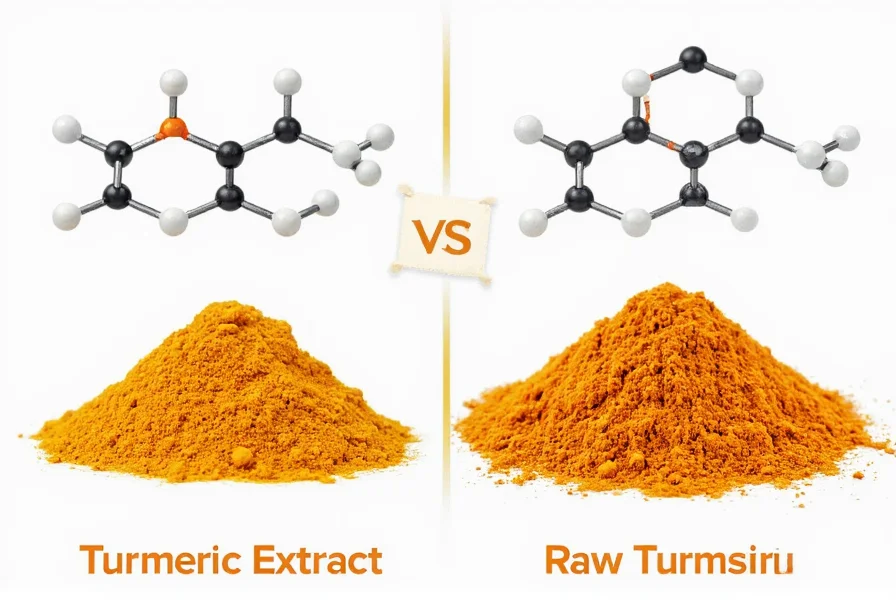 Molecular structure comparison showing curcumin in turmeric extract versus raw turmeric powder