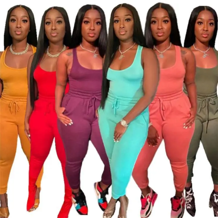 

TINA Hot Selling 2021 Women Jogging Suits Wholesale Tank Top Drawstring Pockets Pants Matching Two Piece Set Women Clothing