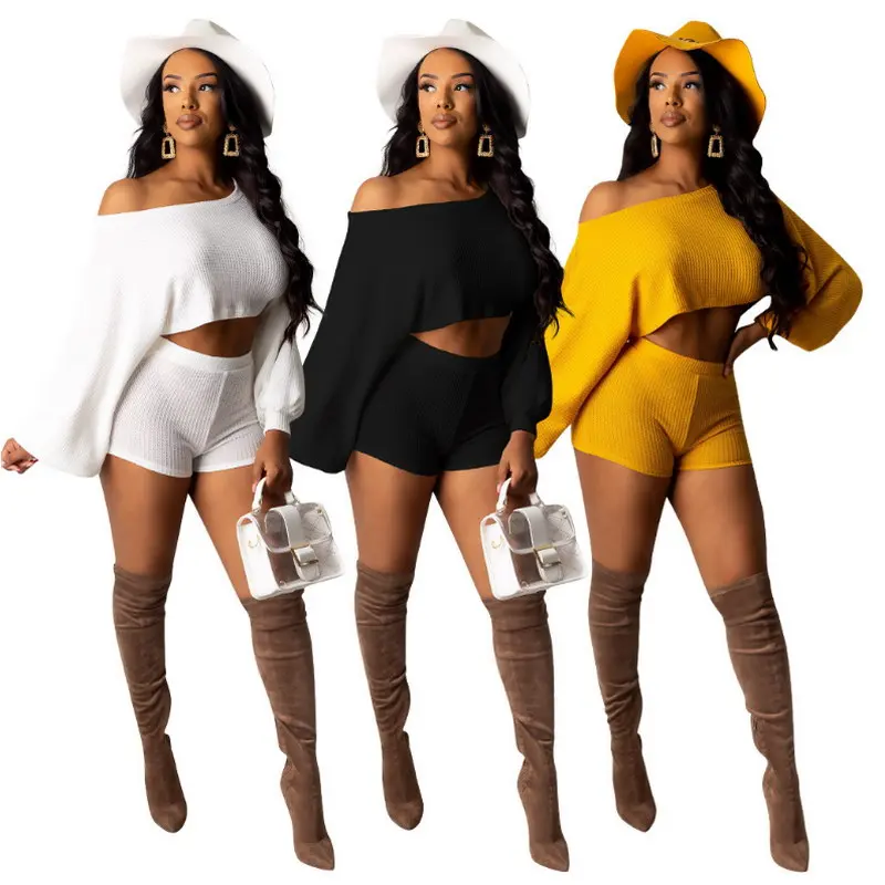 

Hot Selling Sexy Casual Two Piece Suit Single Shoulder Loose Long Sleeve Solid Color Shorts Plus Size Woman Set, As picture