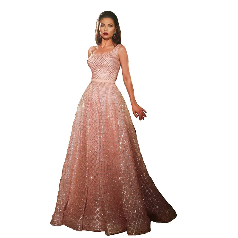 

New Evening Dress Long 2021 A-line Sparkly shiny stamps pink trending dresses Dubai Saudi Arabia Formal Prom Party Gown Robe